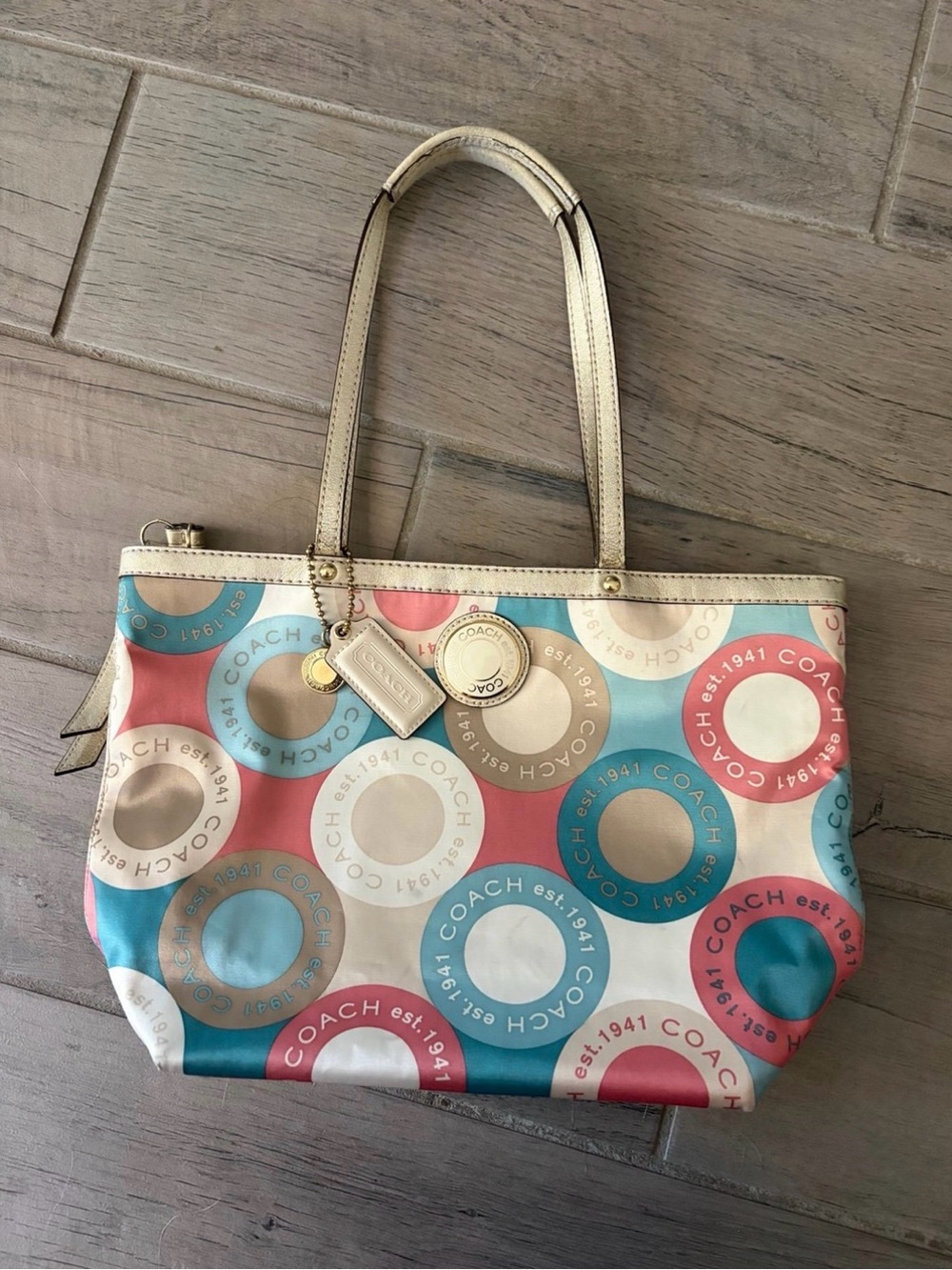 Coach Multicolor Circular Logo Tote Bag - Cream Trim